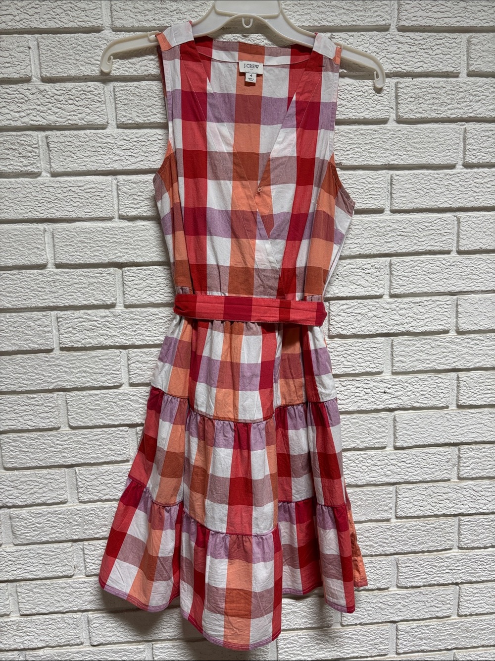 J. Crew Red, Pink and Cream Plaid Tiered Sleeveless Dress with Belt